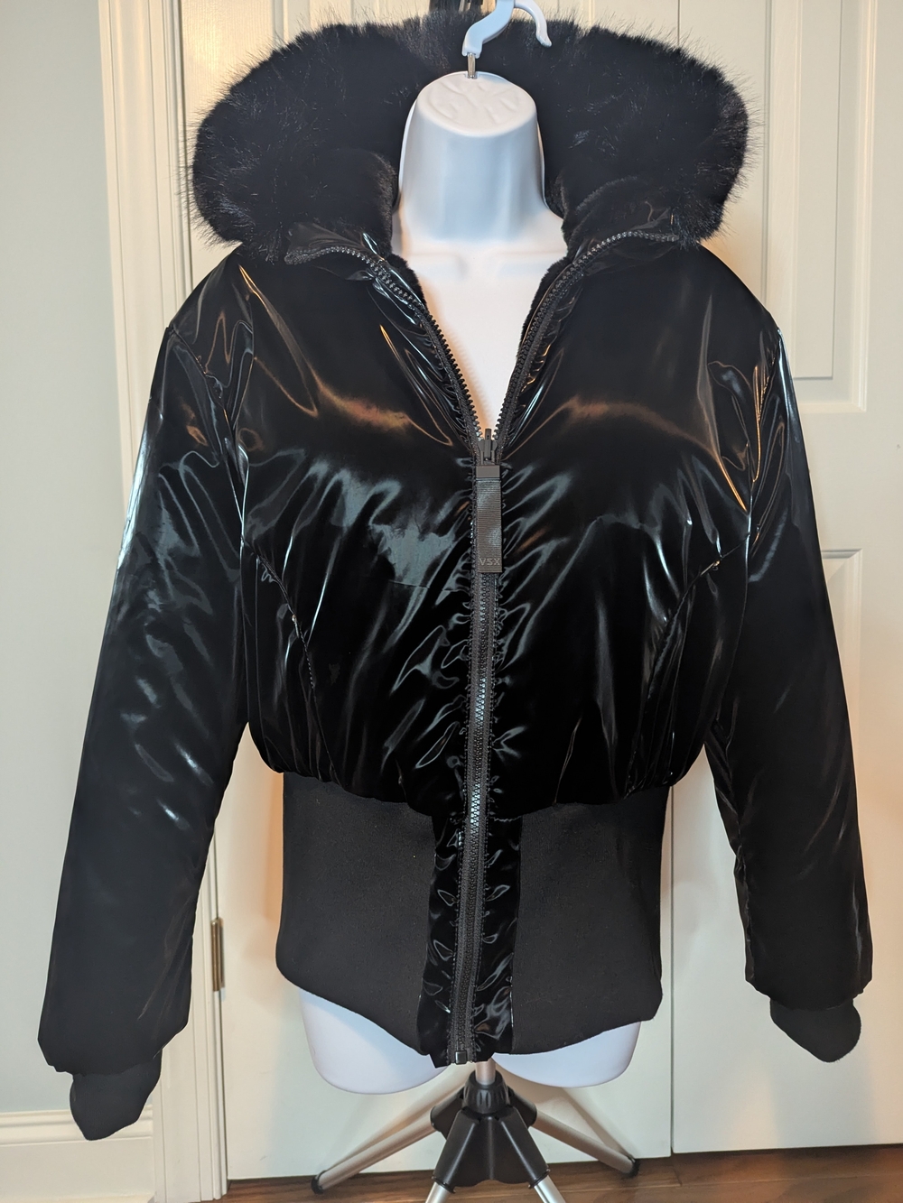 VSX Reversible Glossy / Faux Fur Bomber Jacket with Fur-Trim Hood